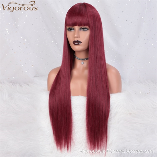 Vigorous Under $20 Long Synthetic Straight Lace Front Wig Silky Red Wigs With Bangs Middle Part Heat Resistant Fiber